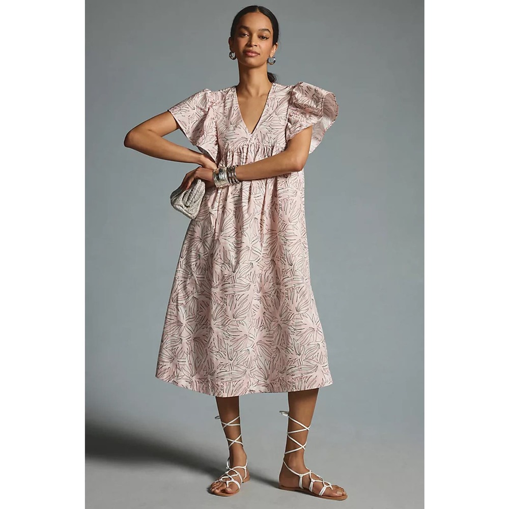 Anthropologie Blush Pink Printed Midi Dress